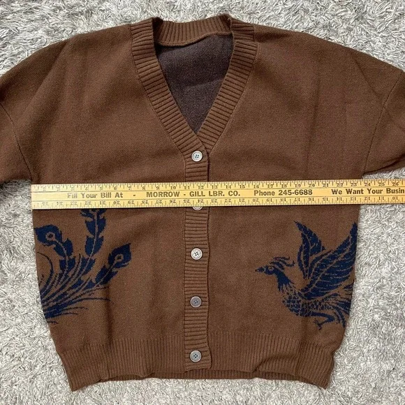 Phoenix Bird Cardigan Button Down XL Sweater Blue Brown Boxy Indie Hipster Boho - Picture 5 of 7